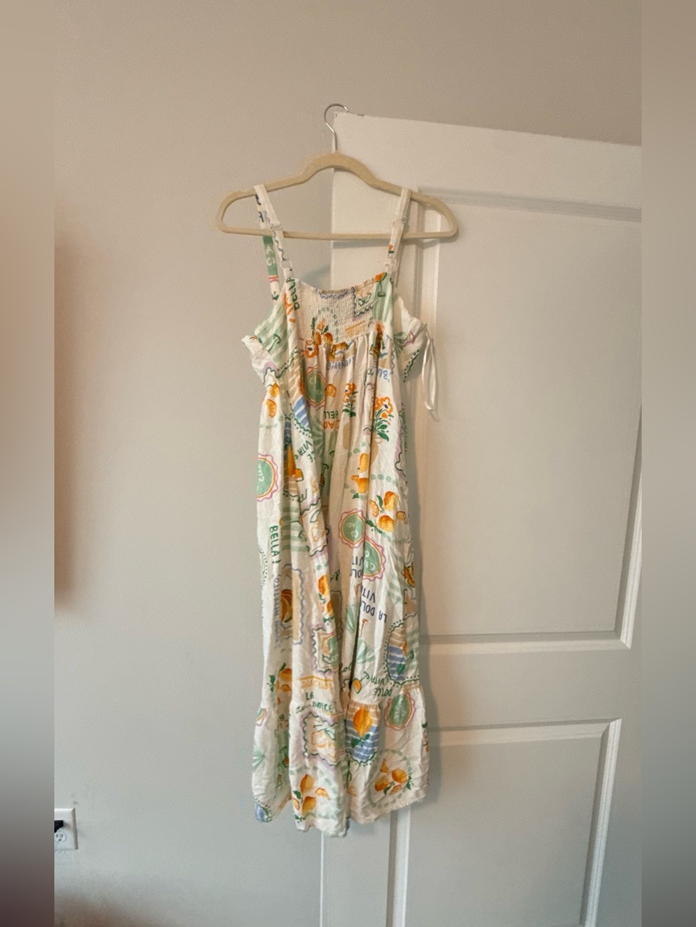 White Printed Maxi Dress with Pastel Citrus & Shell Motif - Picture 7 of 9